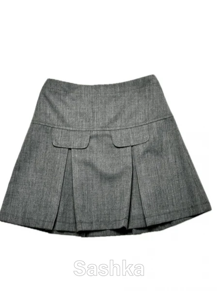 Спідниця Sashka шкільна на кокетці з клапанами однотонна сіра (напіввовна), розмір 116-152